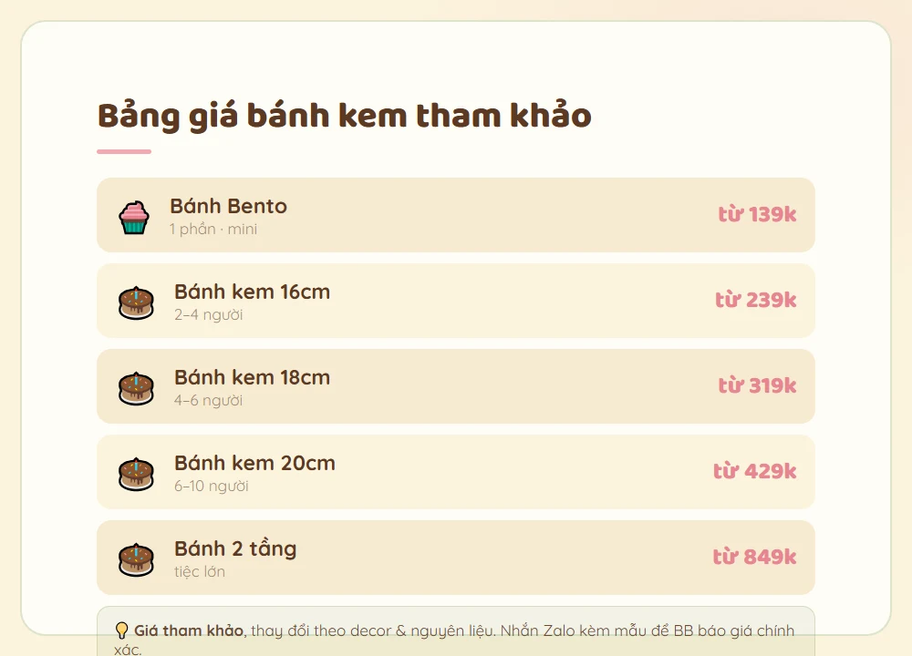 Bảng giá tham khảo bánh kem sinh nhật Tiệm Bánh BB theo size